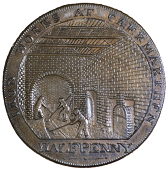 Carmarthen, John Morgan, uniface die trial for the obv. of his Halfpenny, view of interior of ironworks, iron works...
