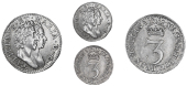 William and Mary (1689-1694), Fourpence, 1689, g below bust; Threepences (2), 1689, hyphen rev. stops, 1694, g below...