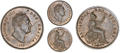 William IV (1830-1837), Penny, 1834; Halfpenny, 1837; Farthing, 1835, rev. B; Third-Farthing, 1835 (Cooke 237, 1634;...