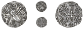 Early Anglo-Saxon Period, Primary series F, Sceatta, head right with pelleted head-dress, blundered legend around,...