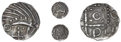 Early Anglo-Saxon Period, Continental series E, Sceatta, variety D, porcupine-like figure to right, cross in front...