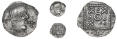 Early Anglo-Saxon Period, Secondary series G, Sceatta, head right with cross in front, rev. debased standard...