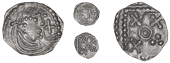 Early Anglo-Saxon Period, Secondary series G, Sceatta, crude head right with cross in front, rev. debased standard...
