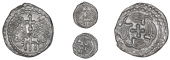 Early Anglo-Saxon Period, Secondary series J, Sceatta, type 37, two heads vis-à-vis, cross between, rev. four birds...