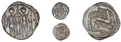 Early Anglo-Saxon Period, Secondary series N, Sceatta, two standing figures facing, each holding a cross, pellets in...