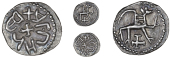 Kings of Northumbria and Archbishops of York, Alchred (765-74), Sceatta, alchred around cross, rev. stylized stag...