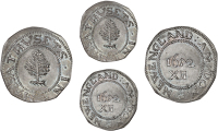 Colonial, Massachusetts, Pine Tree coinage, Shilling, 1652, large planchet, 4.57g/12h (Noe 1; Durst 24). An early...