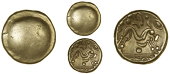 Gallo-Belgic issues, Stater, series E [Ambiani], trace of pattern, rev. disjointed horse right, pellets and ornament...