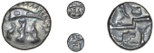 Early Uninscribed issues, Base gold Quarter-Stater, British O [Geometric type], cresent with three appendages, rev....
