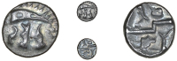 Early Uninscribed issues, Base gold Quarter-Stater, British O [Geometric type], cresent with three appendages, rev....