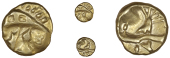 Early Uninscribed issues, Quarter-Stater, British O [Geometric type], crescent with three appendages, rev. geometric...