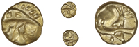 Early Uninscribed issues, Quarter-Stater, British O [Geometric type], crescent with three appendages, rev. geometric...