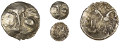 Early Uninscribed issues, Quarter-Stater, British Qc [Remic type], degraded head of Apollo, rev. triple-tailed horse...