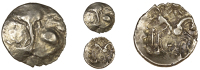 Early Uninscribed issues, Quarter-Stater, British Qc [Remic type], degraded head of Apollo, rev. triple-tailed horse...
