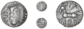 Atrebates and Regni, Commius, Unit, head with ‘ladder’ hair left, rev. horse left, inverted e above, 0.73g/6h...