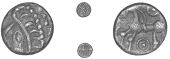 Atrebates and Regni, Commius, Minim, head with ‘ladder’ hair left, three pellets behind, rev. annuleted horse...