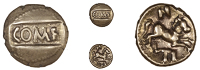 Atrebates and Regni, Tincomarus, Quarter-Stater, com f on tablet, rev. horse right, tin around, 1.20g/3h (BMC...