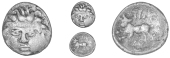 Atrebates and Regni, Tincomarus, Unit, Medusa head facing, rev. bull left, tin above, c below, 1.24g/4h (BMC 926-9;...