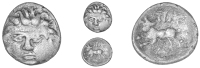 Atrebates and Regni, Tincomarus, Unit, Medusa head facing, rev. bull left, tin above, c below, 1.24g/4h (BMC 926-9;...