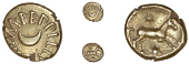 Atrebates and Regni, Eppillus, Quarter-Stater, eppilv [co]m · f · around crescent, rev. horse right, star above...