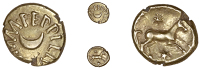Atrebates and Regni, Eppillus, Quarter-Stater, eppilv [co]m · f · around crescent, rev. horse right, star above...