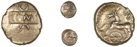 Atrebates and Regni, Verica, Quarter-Stater, com f on tablet, crescent above and below, rev. horse left, vir above,...