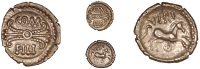 Atrebates and Regni, Verica, Quarter-Stater, scroll, com above, fili below, rev. horse right, viri above, annulet...