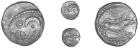 Atrebates and Regni, Verica, Unit, com f, crescent between pellet-in-annulet above and below, rev. boar right,...