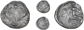 Atrebates and Regni, Verica, Unit, two cornucopiæ, commi f below, rev. seated figure right, [veri]ca around,...