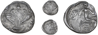 Atrebates and Regni, Verica, Unit, two cornucopiæ, commi f below, rev. seated figure right, [veri]ca around,...