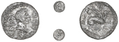 Atrebates and Regni, Verica, Minim, head right, comm around, if between annulets before face, rev. sphinx right,...