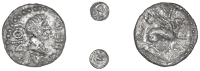 Atrebates and Regni, Verica, Minim, head right, comm around, if between annulets before face, rev. sphinx right,...