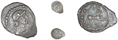 Atrebates and Regni, Verica, Minim, helmeted bust right, pellet-in-annulet in front, rev. dog right, e below,...
