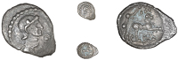 Atrebates and Regni, Verica, Minim, helmeted bust right, pellet-in-annulet in front, rev. dog right, e below,...