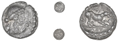 Atrebates and Regni, Verica, Minim, helmeted bust right, pellet-in-annulet in front, rev. dog right, three pellets...