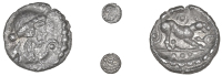Atrebates and Regni, Verica, Minim, helmeted bust right, pellet-in-annulet in front, rev. dog right, three pellets...