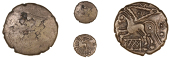 Cantii, Uninscribed issues, Quarter Stater, Late Weald type, blank, rev. horse left, corded triangle above,...