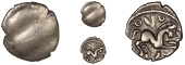Cantii, Dubnovellaunus, Quarter-Stater, trace of pattern, rev. V-shaped bucranium between two annulets above, 1.31g...