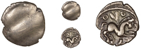 Cantii, Dubnovellaunus, Quarter-Stater, trace of pattern, rev. V-shaped bucranium between two annulets above, 1.31g...