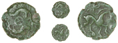 Trinovantes, Bronze, two boars around four-spoked wheel, rev. horse right, annulet below, 1.76g/10h (BMC 402-6; VA...
