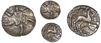 Trinovantes, Addedomaros, Stater, spiral wreath pattern, three crescents in centre, pellets in angles, rev. horse...