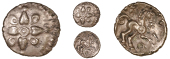 Trinovantes, Addedomaros, Quarter-Stater, cruciform floral design, rev. horse right, ornaments around, 1.31g/1h (BMC...