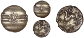 Trinovantes, Dubnovellaunus, Stater, crescents and wreath, rev. horse left, pellet-in-annulet above, branch below,...