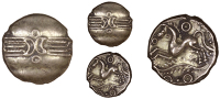 Trinovantes, Dubnovellaunus, Stater, crescents and wreath, rev. horse left, pellet-in-annulet above, branch below,...