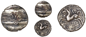 Trinovantes, Dubnovellaunus, Base gold [or plated?] Stater, crescents and wreath, rev. horse left, pellet-in-annulet...