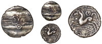 Trinovantes, Dubnovellaunus, Base gold [or plated?] Stater, crescents and wreath, rev. horse left, pellet-in-annulet...