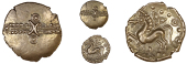 Trinovantes, Dubnovellaunus, Quarter-Stater, crescents and wreath, rev. horse left, trefoil above, pellet-in-annulet...