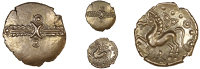 Trinovantes, Dubnovellaunus, Quarter-Stater, crescents and wreath, rev. horse left, trefoil above, pellet-in-annulet...