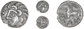 Catuvellauni, Uninscribed issues, Unit, ‘Amersham Moon Man’ type, Celtic head left with crescents and braided...