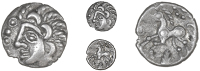 Catuvellauni, Uninscribed issues, Unit, ‘Amersham Moon Man’ type, Celtic head left with crescents and braided...